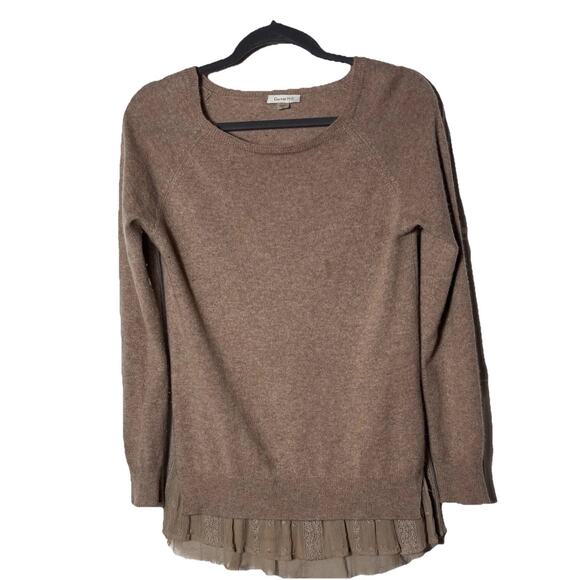 Garnet Hill 100% cashmere Sweater Sz Sm Tan Pullover Lace Shirttail hem - Picture 1 of 7